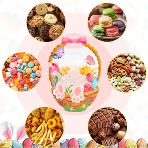 CCINEE 60 Packs Easter Treat Bags Bulk, Easter Gifts Bags with Handle Sealing Bunny Goodie Cellophane Ziplock Bag Bulk for Classroom School Party Favors Gift Exchange