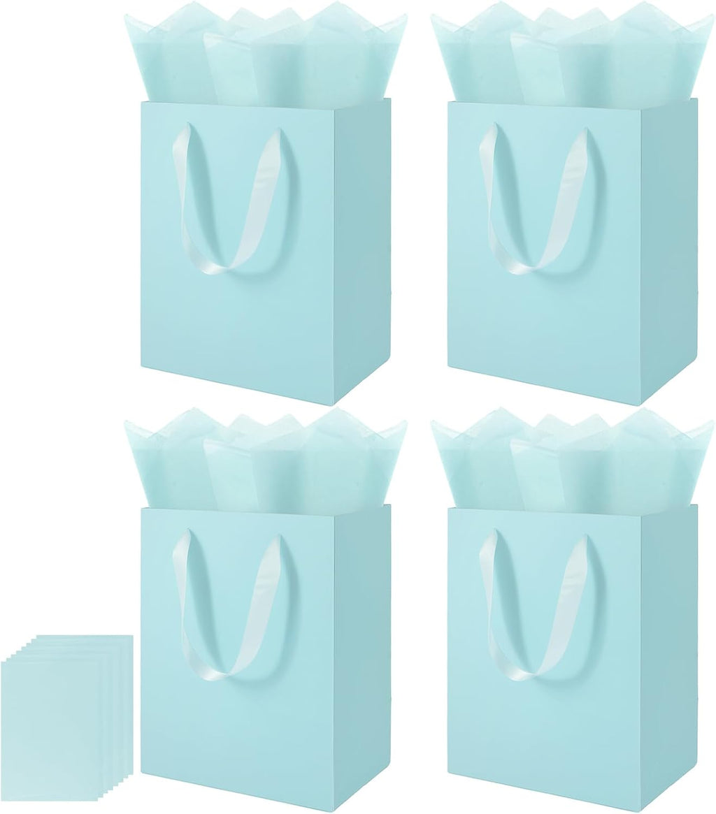 Epoesch 4 Pack Sky Blue Gift Bags with Handles and 8 Tissue Papers
