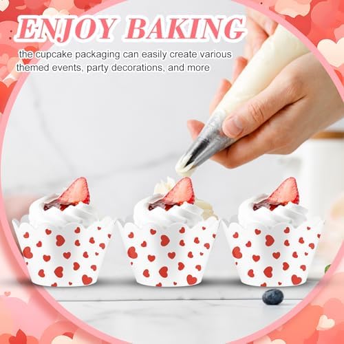 Domensi 100 Pcs Red Heart Cupcake Wrappers Rustic Cupcake Liners Red Baking Cups Baking Liners for Mother's Day Wedding Bridal Baby Shower Birthday Party Supplies Dessert Decoration