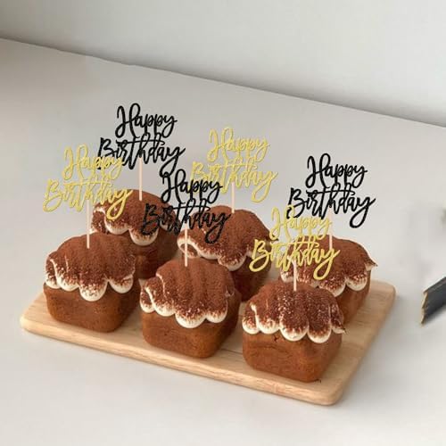 24 PCS Happy Birthday Cupcake Toppers Glitter Happy Birthday Cupcake Picks for Celebrating Anniversary Theme Party Cake Decorations Supplies Black Gold
