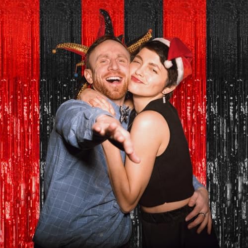 10 Pack Black and Red Backdrop Party Decorations Tinsel Curtain Halloween Party Streamer Foil Fringe Birthday Decorations Photo Booth Fancy Ball Christmas New Year Graduation Party Decor Decor