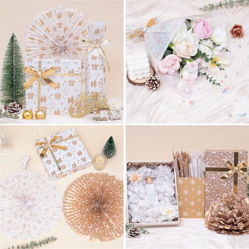Larcenciel Christmas Tissue Paper for Gift Bags, Rose Gold Holiday Gift Wrapping Tissue, Metallic Snowflake Deer Santa Tree Design Perfect for Xmas Packaging Supplies Stuffing Craft. 60 Sheets 20x14in