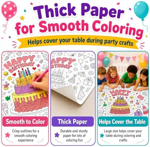 Happy Birthday Giant Coloring Tablecloth, 28 x 72 Inch Kids Party Poster