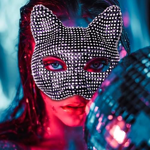 Cat Costume for Women - Collar Choker, Gloves, Rhinestone Mask, Tail & Accessories
