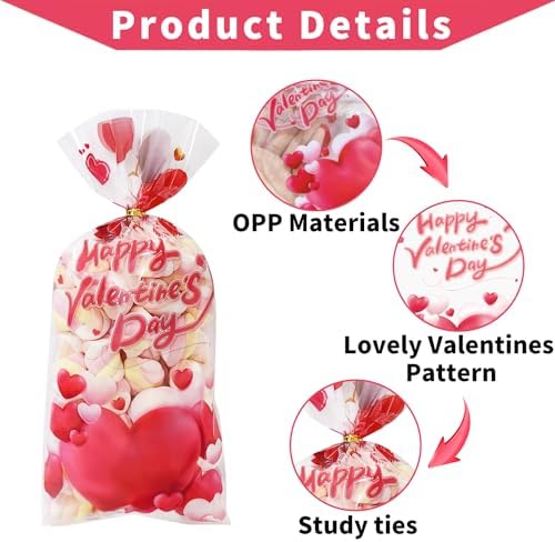 Valentines Goodie Bags, 120Pcs Valentines Treat Bags for Candy Goody Snacks Gifts Packing, Valentines Day Cellophane Bags With 135Pcs Twist Ties for Kids Classroom Party Favors - 4 Lovely Style