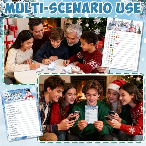 27 Pcs Winter Party Games Merry Christmas Games for Families Holiday Paper Game Cards Double Sided Printed Xmas Word Scramble Guessing Card Adult Family Large Groups Activity Supplies with Answer Key