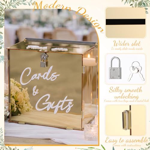 BreezeHug 10" Gold Acrylic Wedding Card Box with Lock & 3D Letters