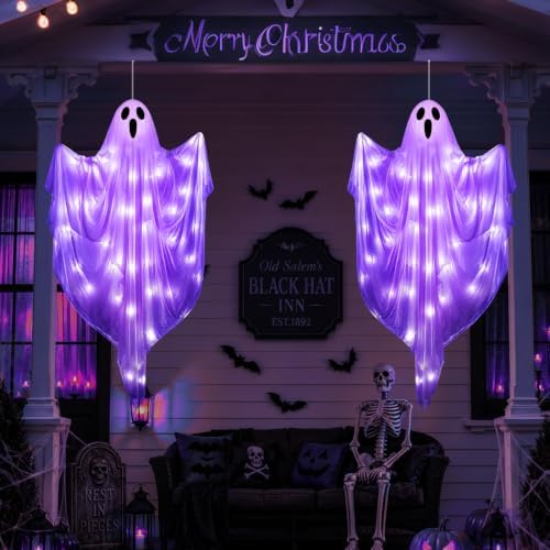 4 FT Halloween Hanging Ghost Decorations with 50 LED Lights, Light Up White Ghost Outdoor Decor with Timer & 8 Lighting Modes, Hanging Halloween Ghost for Front Porch, Yard, Patio, Garden & Party