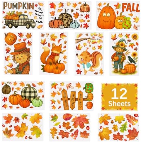 DC-BEAUTIFUL 153 Pcs Fall Window Clings, 12 Sheets Double Sided Autumn Pumpkin Scarecrow Maple Leaf Glass Stickers, Reusable Static Thanksgiving Window Decals Party Decors for Home Office School Shop