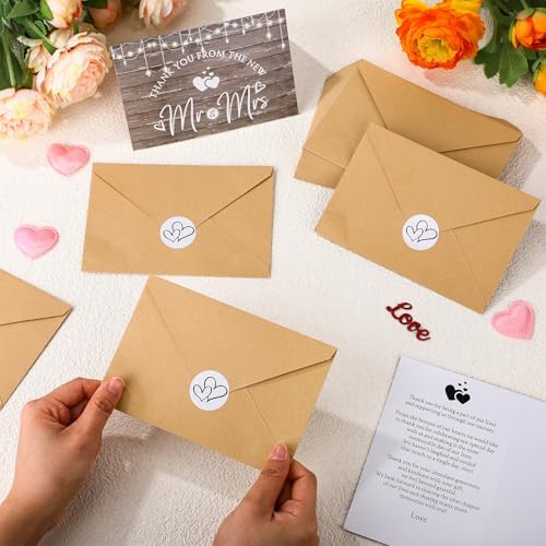 Spakon 100 Sets Wedding Thank You Cards with Envelopes and Stickers Wedding Themed Kraft Paper Thank You Card with Message Mr and Mrs Thank You Notes for Bridal Shower Anniversary Guests (Rustic)