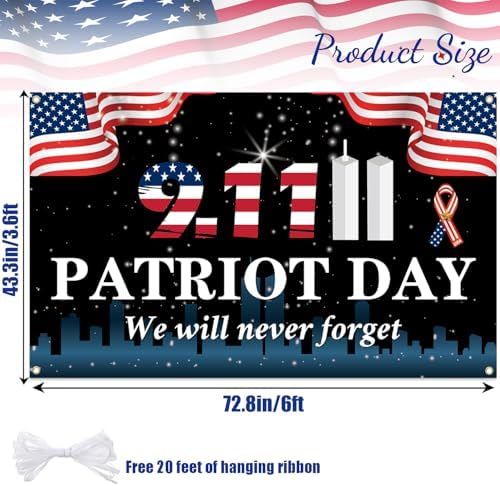 911 Never Forget Banner, Patriot Day Banner, 911 Patriot Day Flag, 911 Patriot Day Decorations, 911 Patriot Day We Will Never Forget Flag Wall Hanging Backdrop.
