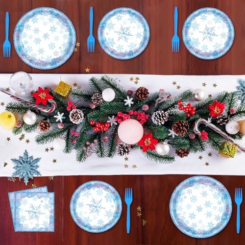 96 Pieces Snowflake Winter Tableware Set – Blue Disposable Plates, Napkins, and Forks for Frozen Birthday Parties, Christmas Dinners, Holiday Gatherings, and Winter Celebrations – Serves 24 Guests