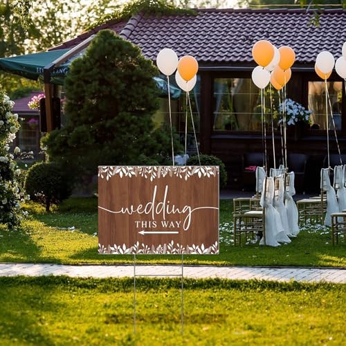 3 Pack 17''×12.5'' Wedding This Way Signs Double Sided Printed Wedding Directional Parking Sign with Stakes for Ceremony Reception Lawn Yard Arrow Signs Plastic Rainproof Party Supplies,Rustic