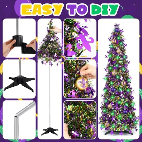 Vicenpal 14 Pcs 5 ft Mardi Gras Decoration Carnival Pop up Tree Kit Collapsible Tinsel Tree with 13 Pcs Mardi Gras Ball Ornaments Green String Lights Hanging for Home Indoor Outdoor Party Supplies