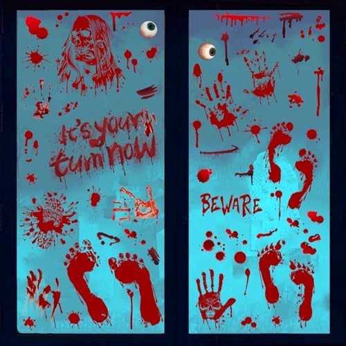 Halloween Window Cling Stickers, 9 Sheets Halloween Bloody Handprint Footprint Wall Decal Floor Clings, Horror Handprint Home PVC Decoration Window Stickers