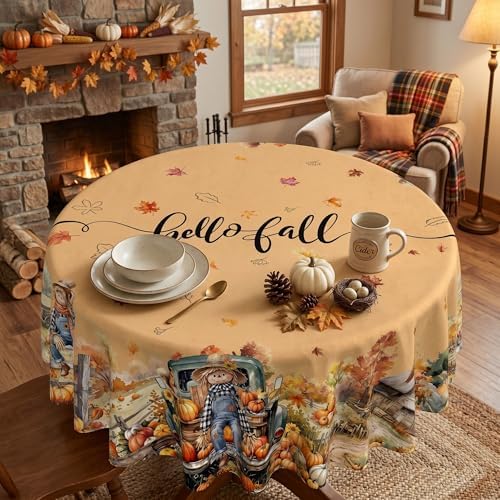 Fall Tablecloth 70Inch Round, Fall Harvest Decorations for Home Table Cloth, Truck Scarecrow Pumpkin Decor Washablae Seasonal Autumn Thanksgiving Tablecloths Polyester for Picnic Party Dinner