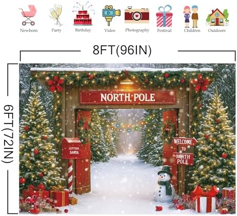 Christmas Photography Backdrop 8x6ft – Rustic Snowy Forest Barn Door with Xmas Tree, North Pole Winter Scene Fabric Photo Background for Family Party, Baby Holiday Photos