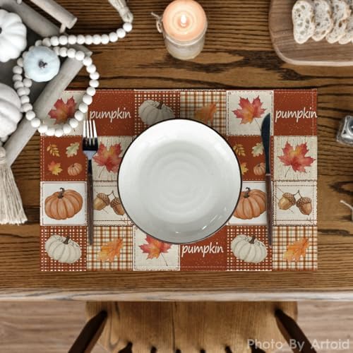 Artoid Mode Pumpkin Maple Leaf Plaid Fall Placemats Set of 4-12 x 18 Inch