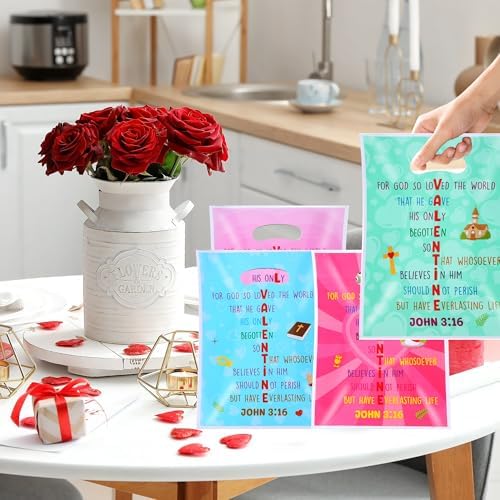 EUVBOKW 100 Pcs Religious Valentine's Day Gift Bags,Valentine Treat Bags John 3:16 Bible Verse Christian Party Favors,Ideal for Classroom and Sunday School