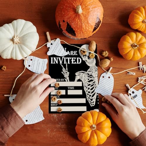 Whaline 25 Sets Halloween Invitations with Envelopes Stickers Black Dancing Skeleton Invitation Cards Blank Invites for Birthday Party Supplies, 5 x 7 Inch