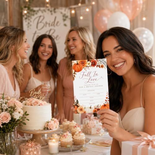 Fall in Love Bridal Shower Invitations, Fill In Style Invites With Envelopes for Fall Wedding Reception, Floral Pumpkin Bridal Shower Invitations, Bride To Be Double-Sided Invite Cards, 4 x 6 Inch Set of 25-A03