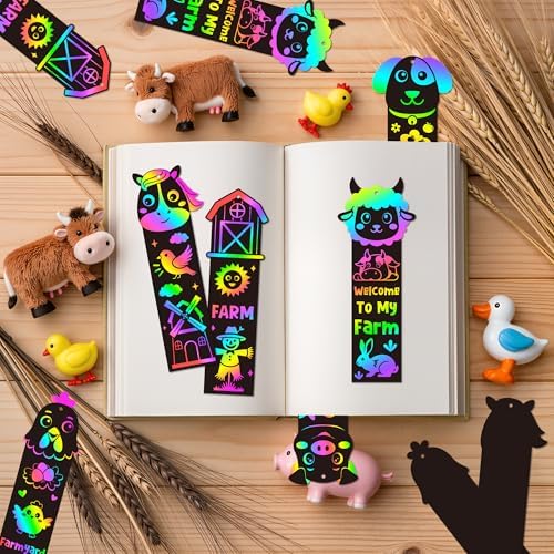 CY2SIDE Farm Animals Scratch Bookmarks - 60PCS Barnyard Animals Pig Cow Color Paper Cards Craft Kits for Kids, Spring Magic Art Scratch Bookmarks for Farm Birthday Party Favors Classroom Activities