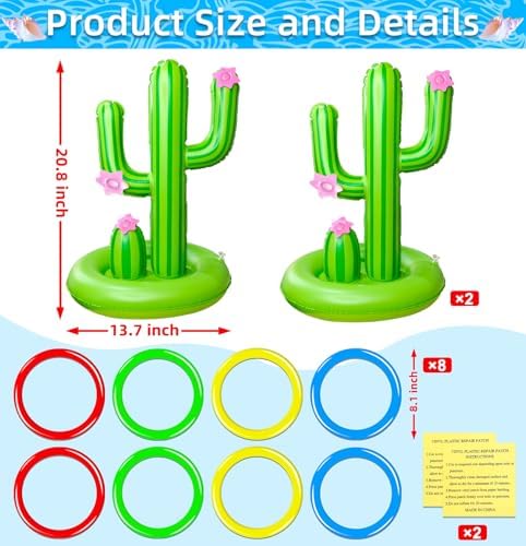 TURNMEON 2 Pack Inflatable Luau Cactus Pool Ring Toss Game Set - 8 Plastic Rings & Wider Base, Adults Summer Hawaiian Beach & Outdoor Party Supplies