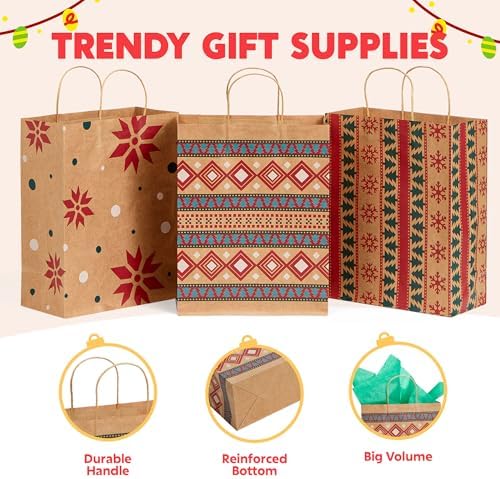 JOYIN 24 PCS Christmas Kraft Gift Bags Xmas Holiday Paper Goody Wrap Shopping Bags with Handles for Holiday Presents, Giant Gifts Decorations, Classrooms and Party Favors (10 x 13 x 5)