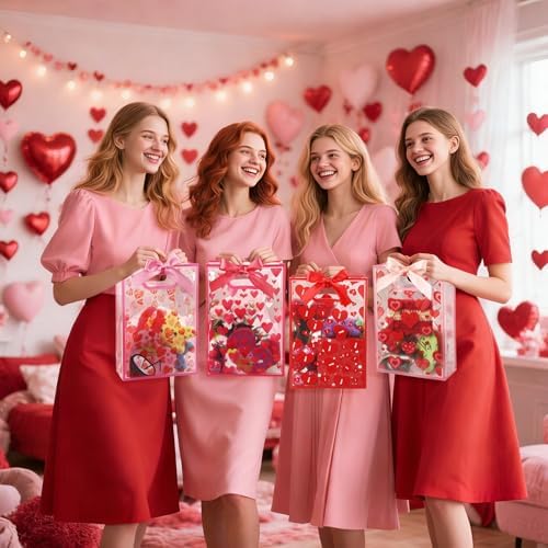 Capoda 24 Pack Gift for Valentine's Day Bags with Handle & Ribbons - Reusable Plastic Heart Favor Bags for Classroom School Party Exchange, Waterproof Goody Treat Totes for Galentine's Wedding Gifts