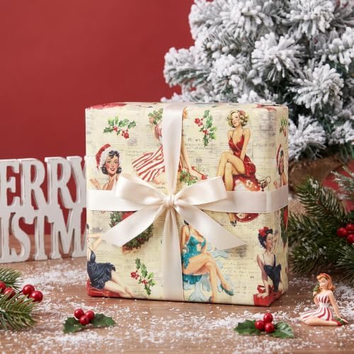 RUSPEPA Kraft Christmas Wrapping Paper Roll, Mini Roll, Vintage Christmas Pin-up Girl with Gift Design, Retro Kraft Gift Wrap for Xmas Gifts, Family, Holiday, Winter Party, 17 Inches x 16.4 Feet