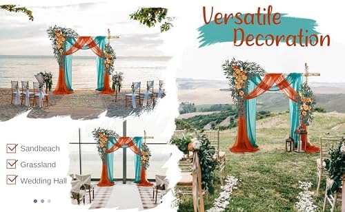 Wedding Arch Flowers with Drapes Kit (Pack of 4) - 2pcs Artificial Teal Orange Fall Deluxe Swag with 2pcs Sheer Drapes for Wedding Ceremony Arbor Reception Backdrop Rose Floral Decoration