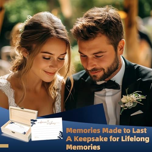 Navy Blue Advice and Wishes Cards with Decorative Wood Box - 60 Pack Tropical Palm Leaves Message Cards - Keepsake Guest Book Alternative for Graduation, Wedding, and Anniversary
