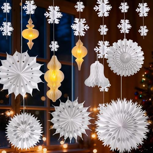 White Christmas Hanging Decorations Set, 3D Paper Honeycomb Ornaments Decorative Honeycomb Bell Lanterns with Lights, Paper Snowflake Fans Garlands for Xmas Tree Winter Wonderland Holiday Party Decor