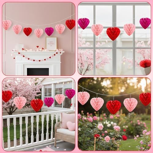 JULMELON 18 PCS Valentine's Day Party Heart Decorations, Red Pink Magenta Heart Paper Honeycomb Balls Hanging Valentines Day Ornaments Galentines Day Decor for Wedding Bridal Shower Party