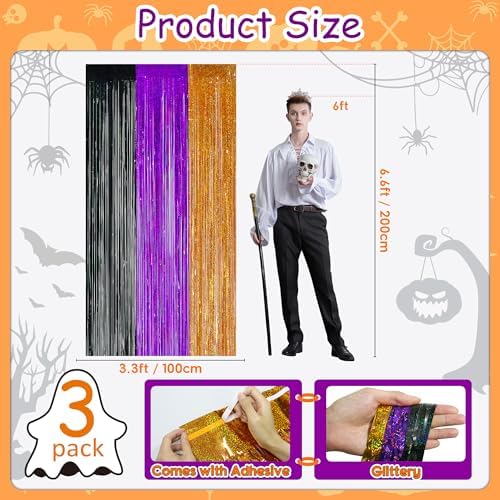 Halloween Party Decorations, 3 Pack Glittery Halloween Foil Fringe Curtains 3.3 X 6.6 ft, Orange Purple Black Tinsel Party Backdrop Photo Booth Props Streamers Birthday Party Supplies