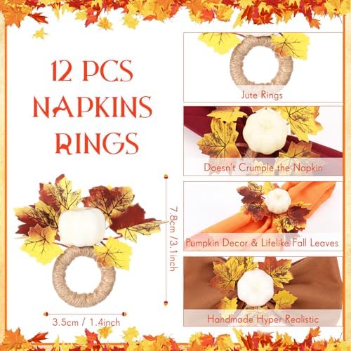 LemonRoad 36 Pcs Cloth Napkins and Napkin Ring Holders, Reusable Fabric for Table Decor Banquet Holiday Dinner Party Supply (Orange, Burgundy, Gold, Coffee, White,Fall)
