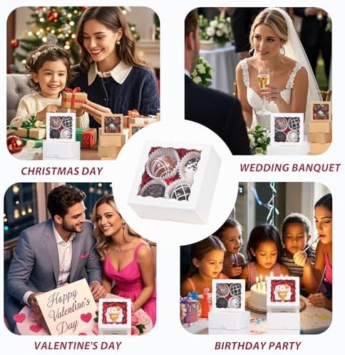 50-Count 4x4x2 Inches Food-Safe Elegant White Bakery Boxes - Multi-Use Pastry & Treat Packaging for Cookies, Truffles & Wedding Favors (Stackable Gift Boxes for Cakes, Pies & Cinnamon Rolls)
