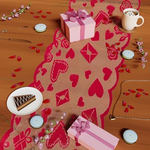 OHOME Valentines Day Decorations - Red Lace Table Runner | Valentines Day Decor Party Supplies Favors - Galentines Day Decorations Holiday Heart Table Cloth Centerpiece for Wedding Home Kitchen