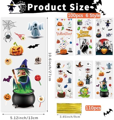 QOIUSO 100 PCS Halloween Clear Cellophane Treat Bags: Clear Candy Bags with 110 Twist Ties for Gooide Cookies Gifts and Party Favors Packaging, Halloween Trick or Treat Party Supplies - 6 Style