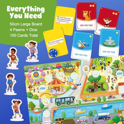 Town Search Board Games, Family Games for Kids Ages 5 6 7 8-12, 2-4 Players, Educational Board Game for Boys Girls 5+, Back to School Gifts for Classroom & Family Nights & Parties