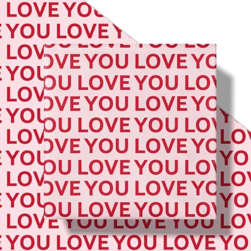 RUSPEPA Valentine's Day Wrapping Paper Roll, Mini Roll, Red Love You Lettering Design, Pink Gift Wrap for Wedding, Anniversary, Birthday, Valentine's Day, Bridal Shower, 17 Inches x 16.4 Feet
