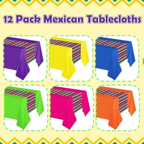 12 Pcs Mexican Fiesta Plastic Tablecloth, Rectangle Disposable Table Cloth Striped Table Cover for Cinco De Mayo Taco Night Fiesta Party Decoration, Mexican Wedding Birthday Home Decor, 108 x 54 Inch