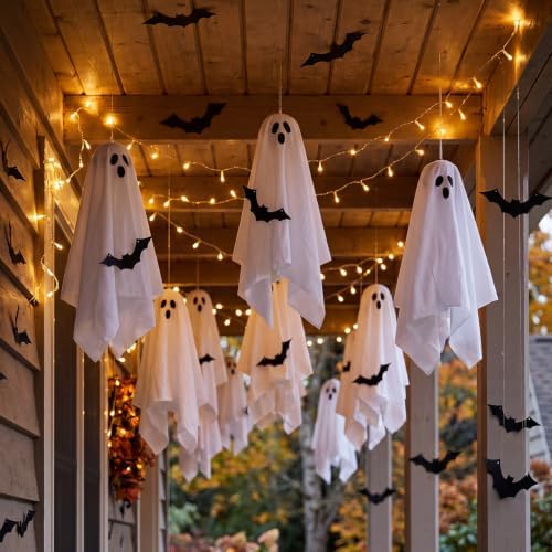 18 Pcs Halloween Hanging Ghost Bats Decorations with LED Light