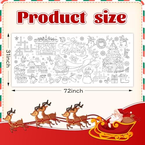 Christmas Coloring Tablecloth 31×72 Inch, Large Table Cover with Santa Claus, Reindeer, Paper Drawing Poster with Christmas Tree, Snowflakes and Gift Designs, Holiday Party Activity and Crafts