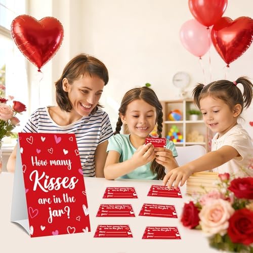 COCHIE 30 Players Valentines Game for Family Office Large Groups Party Adults, Valentine's Day Guess How Many Kisses are in The Jar Games Classroom Activities with Guess Cards (Kiss)