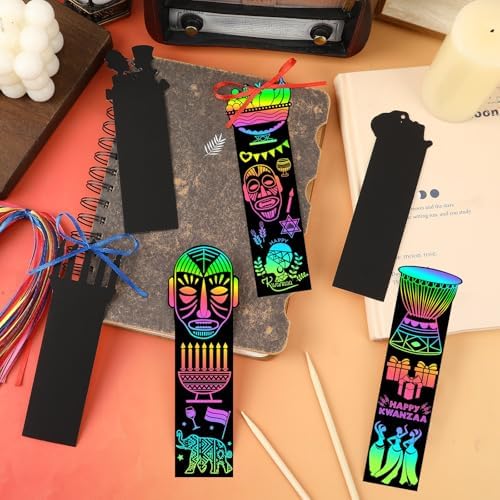AUGSUN 96Pcs Kwanzaa Scratch Art Bookmarks Crafts for Kids