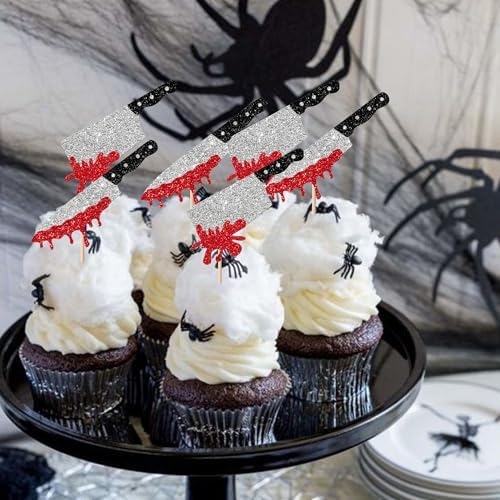 Rsstarxi 24 Pack Halloween Cupcake Toppers Horror Blood Knife Cupcake Picks Have a Killer Birthday Cake Decorations for Halloween Blood Knife Theme Birthday Party Decorations