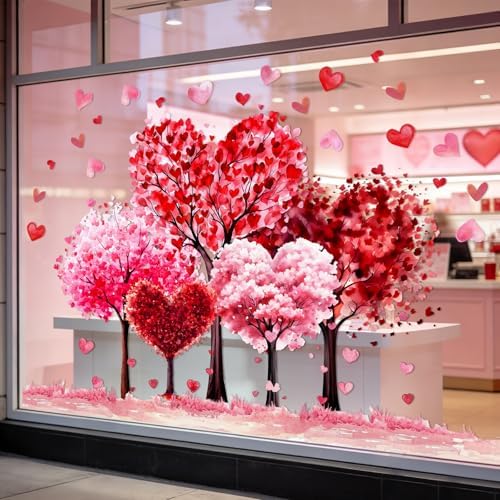 JarThenaAMCS Valentine's Day Window Clings Window Stickers Love Heart Tree Double-Sided Glass Decals for Wedding Anniversary Home Office Classroom Party Wall Decor, 9 Sheets