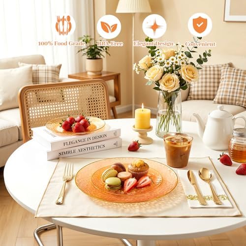 Rubtlamp 350 Pcs Plastic Dinnerware Set (50 Guests), Orange And Gold Plastic Plates, Hammered Party Plates Set Include Dinner Plates, Dessert Plates, Cups&Cutlery Set And Napkins for Wedding And Party
