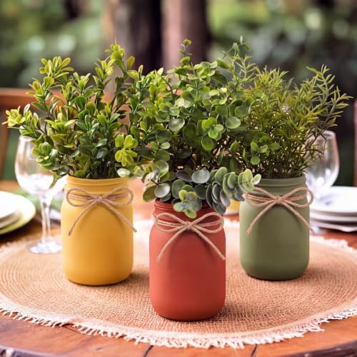 Unittype 3 Pack Boho Mason Jars Centerpiece for Table Farmhouse Wood Tray with 3 Painted Jars and Fake Eucalyptus Plants Rustic Coffee Table Centerpiece for Dining Room Kitchen Living Bathroom